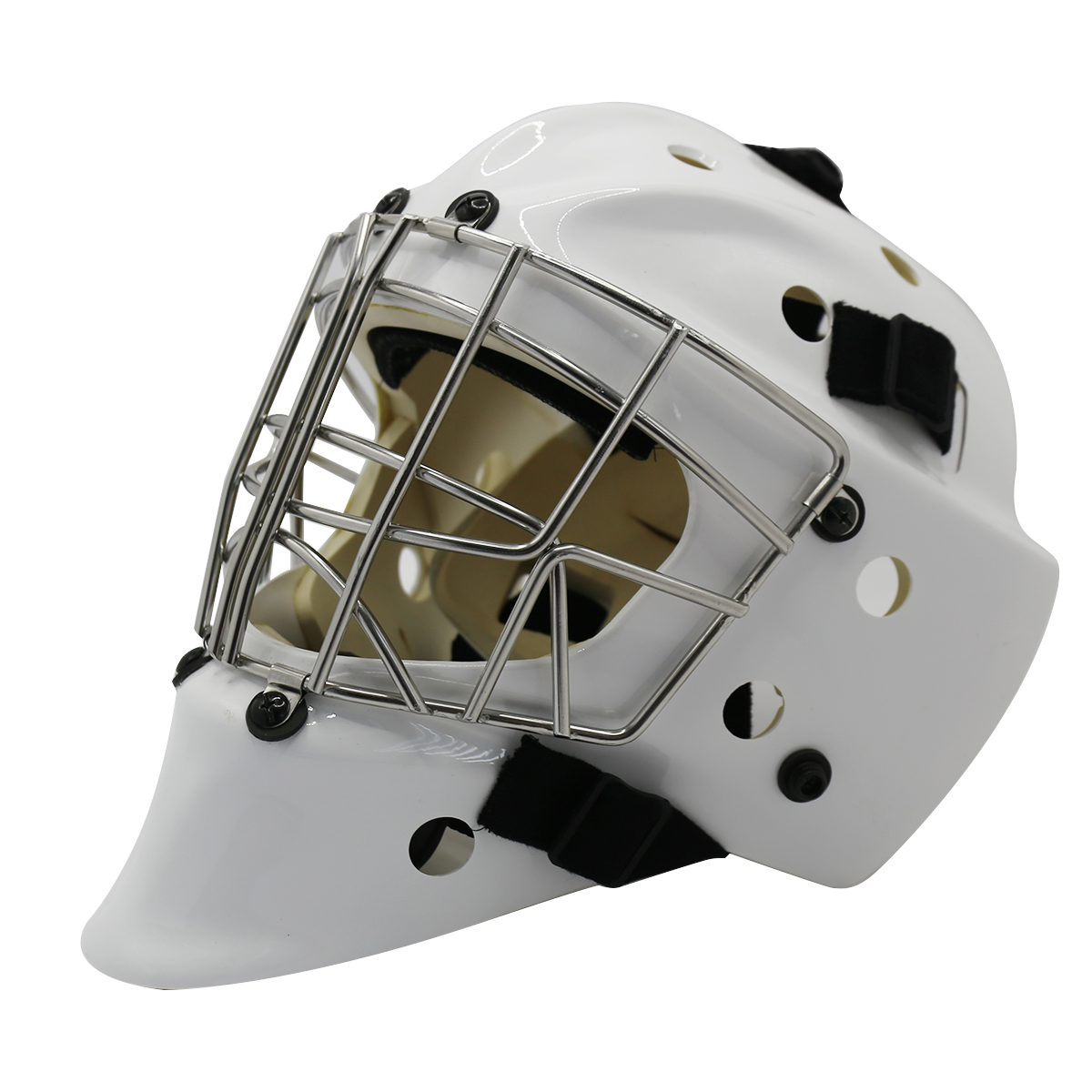 Bílá ocelová ochranná brankářská přilba na lední hokej