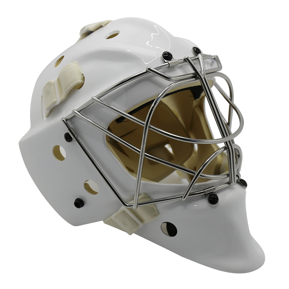 Bílá ocelová bezpečnostní ochranná brankářská přilba na lední hokej