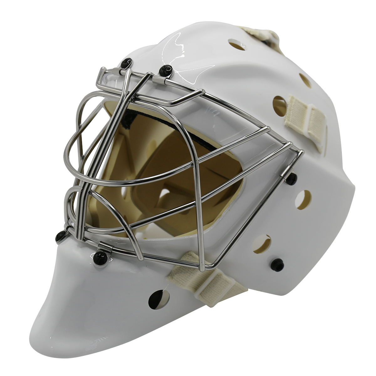 Bílá ocelová bezpečnostní ochranná brankářská přilba na lední hokej