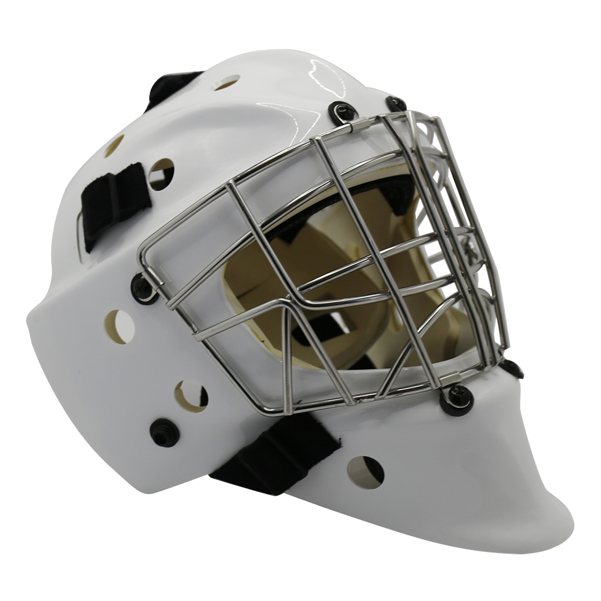 Bílá ocelová ochranná brankářská přilba na lední hokej