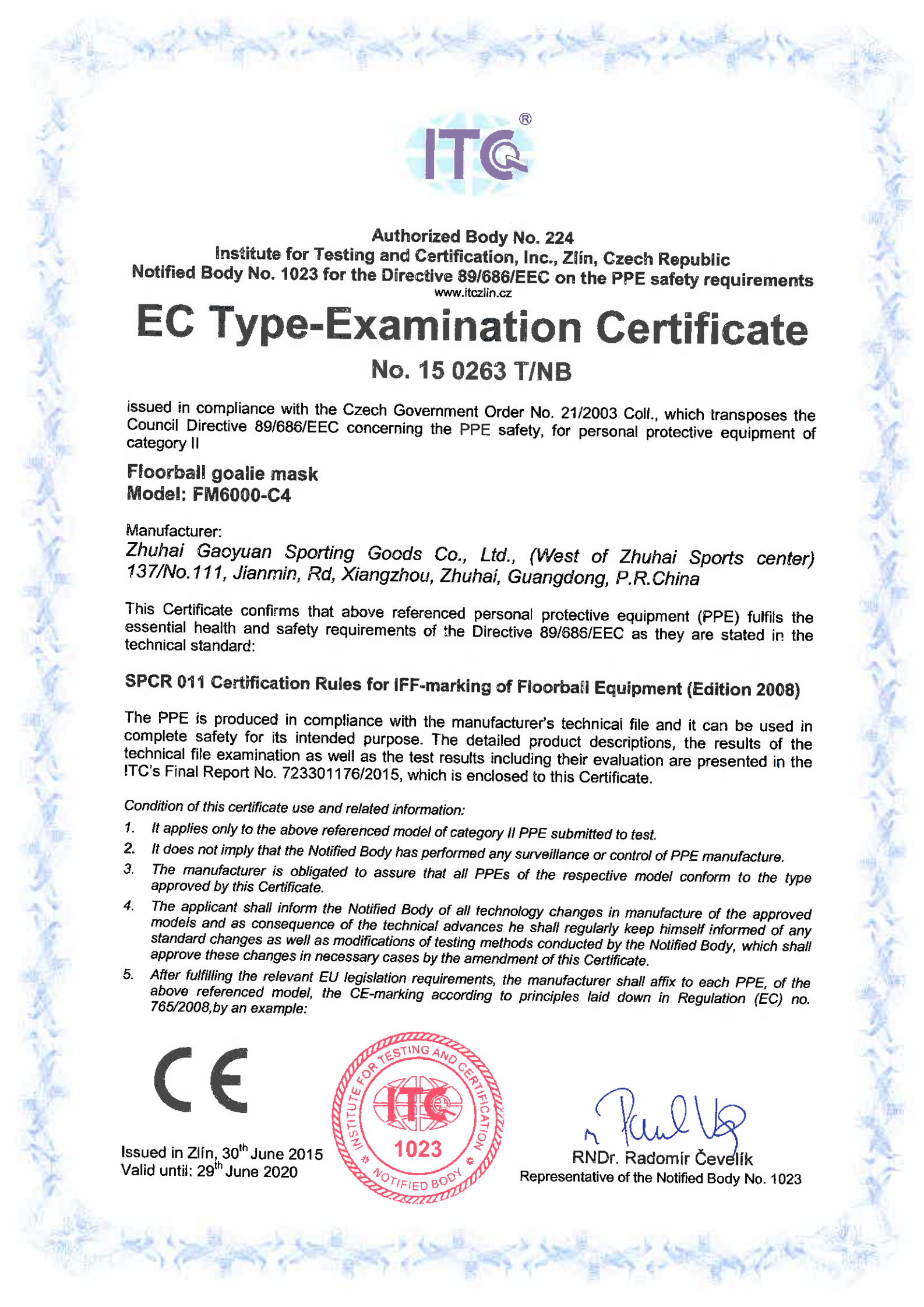 Florbalová brankářská přilba CE certifikát GY-FM6000